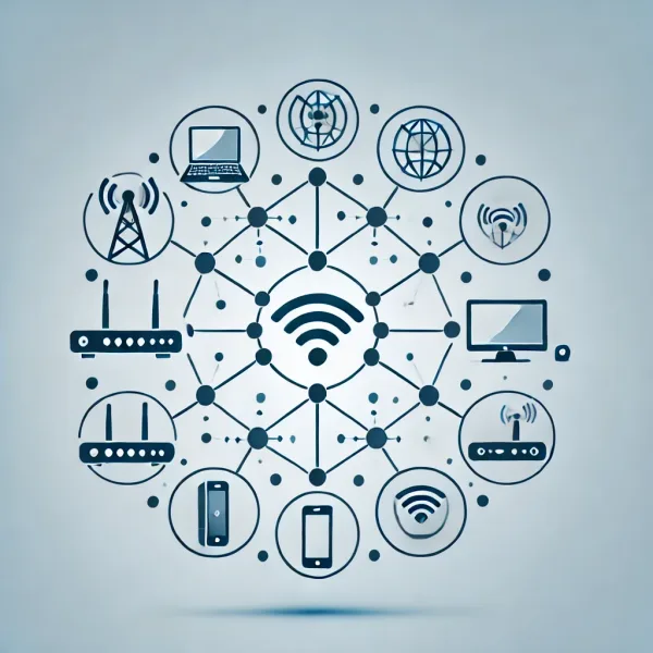 DALL·E 2024-06-26 16.34.03 - A simple and modern image representing the concept of connectivity solutions. The image features icons of interconnected devices such as routers, comp