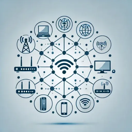 DALL·E 2024-06-26 16.34.03 - A simple and modern image representing the concept of connectivity solutions. The image features icons of interconnected devices such as routers, comp